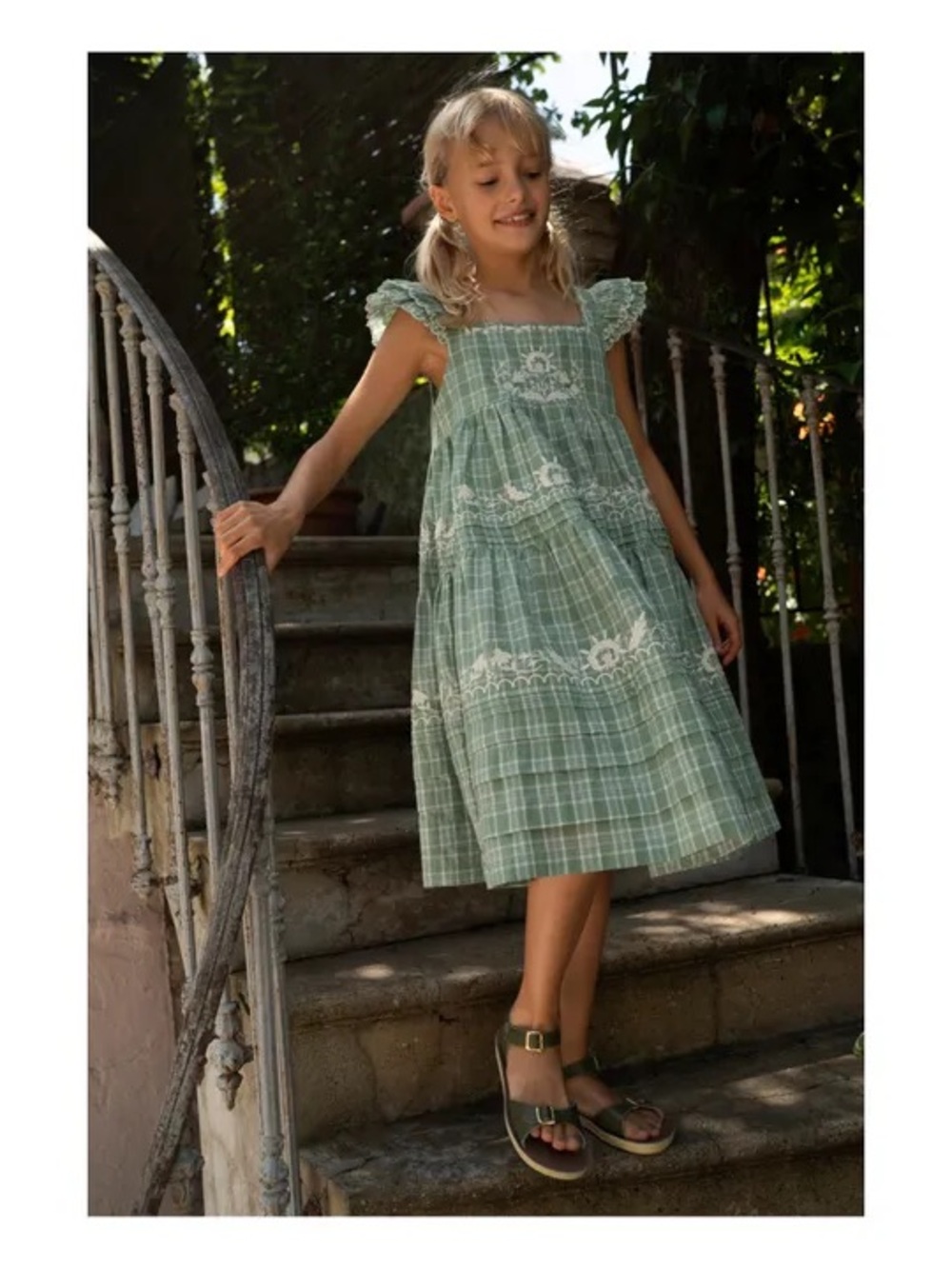 LALI Nanette Embroidered Check Dress | Green size 5Y